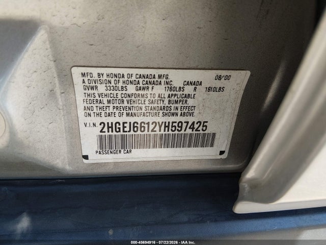 Продажа на аукционе авто 2000 Honda Civic Value Package, vin: 2HGEJ6612YH597425, номер лота: 45694916