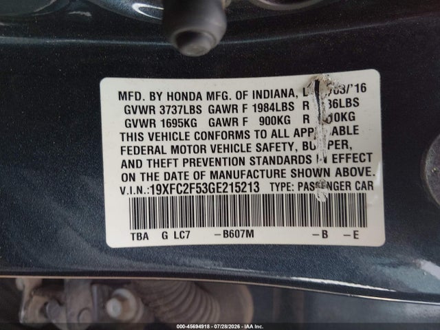 Honda Civic Lx 2016 19XFC2F53GE215213 Image 9