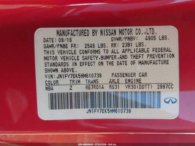 45694940 :رقم المزاد ، JN1FV7EK5HM610739 vin ، 2017 Infiniti Q60 3.0t Red Sport 400 مزاد بيع