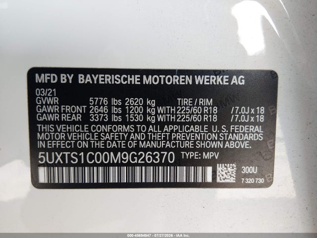 Продаж на аукціоні авто 2021 Bmw X3 Phev Xdrive30e, vin: 5UXTS1C00M9G26370, номер лоту: 45694947