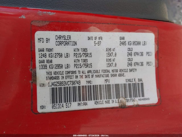 45694955 :رقم المزاد ، 1J4GZ58S3VC730749 vin ، 1997 Jeep Grand Cherokee Laredo/tsi مزاد بيع