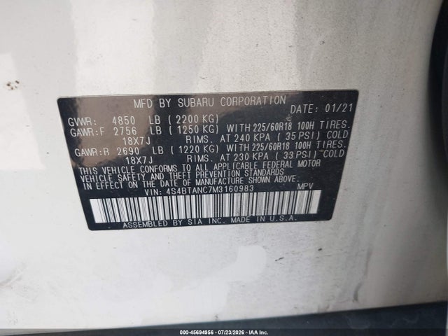 Aukcja sprzedaży 2021 Subaru Outback Limited, vin: 4S4BTANC7M3160983, numer aukcji: 45694956