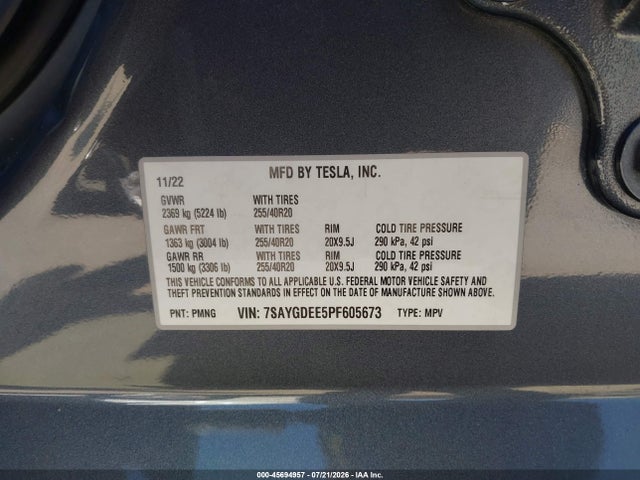 2023 Tesla Model Y Awd/long Range Dual Motor All-wheel Drive მანქანა იყიდება აუქციონზე, vin: 7SAYGDEE5PF605673, აუქციონის ნომერი: 45694957
