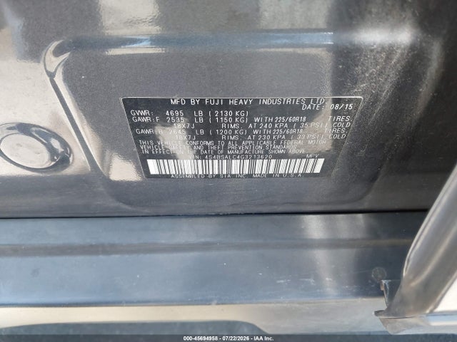 Subaru Outback 2.5i Limited 2016 4S4BSALC4G3213620 Image 9