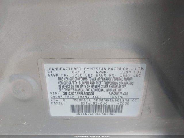 Продажа на аукционе авто 2014 Nissan Versa 1.6 Sv, vin: 3N1CN7AP3EL805300, номер лота: 45694960