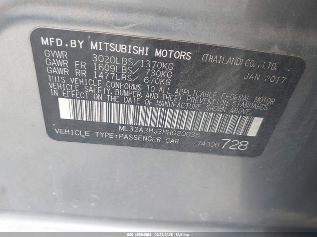 45694964 :رقم المزاد ، ML32A3HJ3HH020036 vin ، 2017 Mitsubishi Mirage Es مزاد بيع