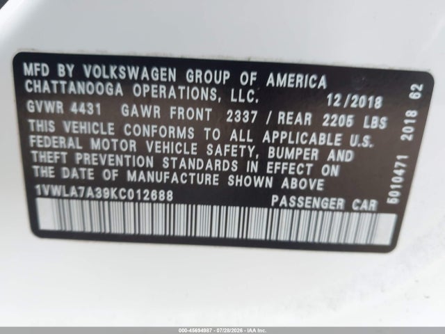 Aukcja sprzedaży 2019 Volkswagen Passat 2.0t Wolfsburg Edition, vin: 1VWLA7A39KC012688, numer aukcji: 45694987