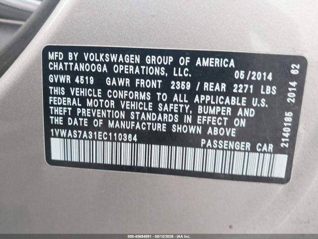 45694991 :رقم المزاد ، 1VWAS7A31EC110364 vin ، 2014 Volkswagen Passat 1.8t Wolfsburg Edition مزاد بيع