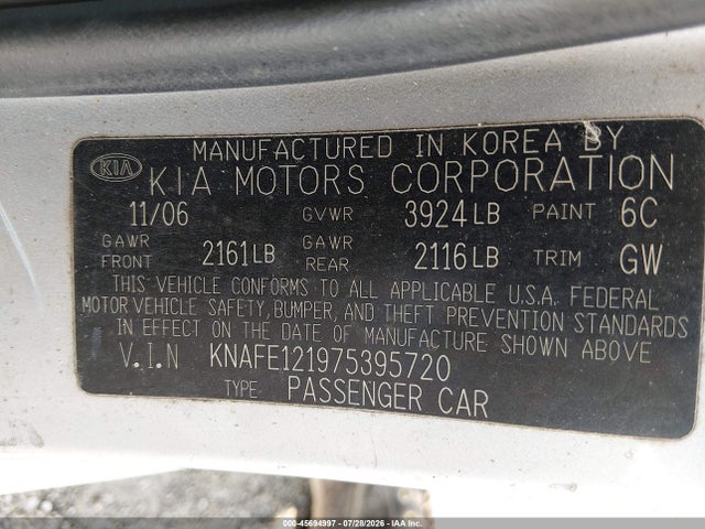 45694997 :رقم المزاد ، KNAFE121975395720 vin ، 2007 Kia Spectra Ex مزاد بيع