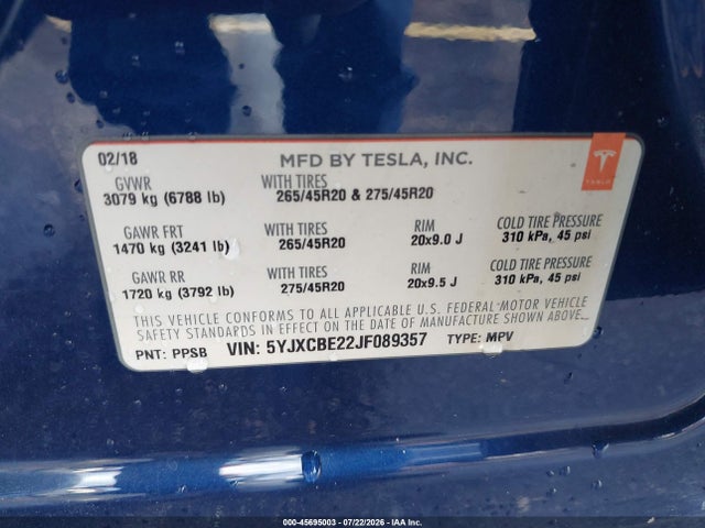 Aukcja sprzedaży 2018 Tesla Model X 100d/75d/p100d, vin: 5YJXCBE22JF089357, numer aukcji: 45695003