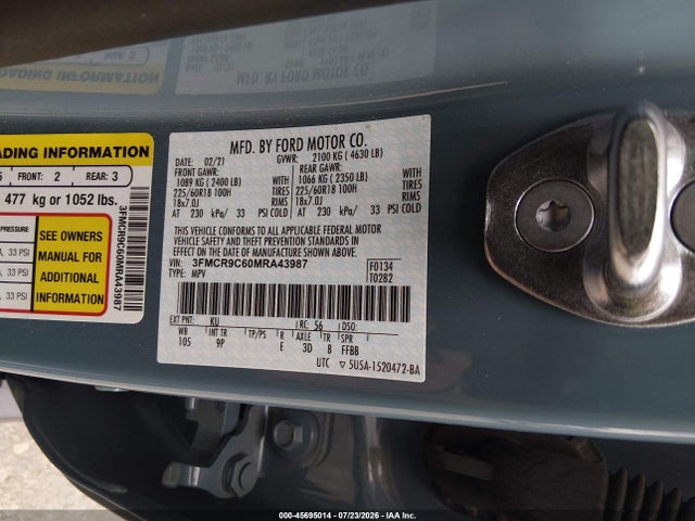 45695014 :رقم المزاد ، 3FMCR9C60MRA43987 vin ، 2021 Ford Bronco Sport Outer Banks مزاد بيع