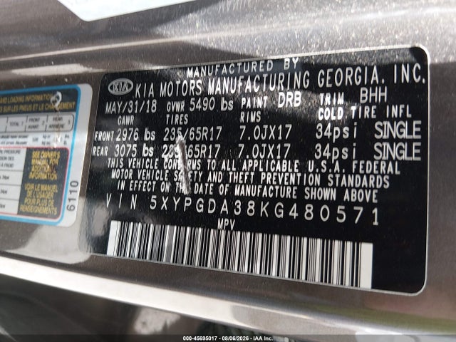 Auction sale of the 2019 Kia Sorento 2.4l Lx, vin: 5XYPGDA38KG480571, lot number: 45695017