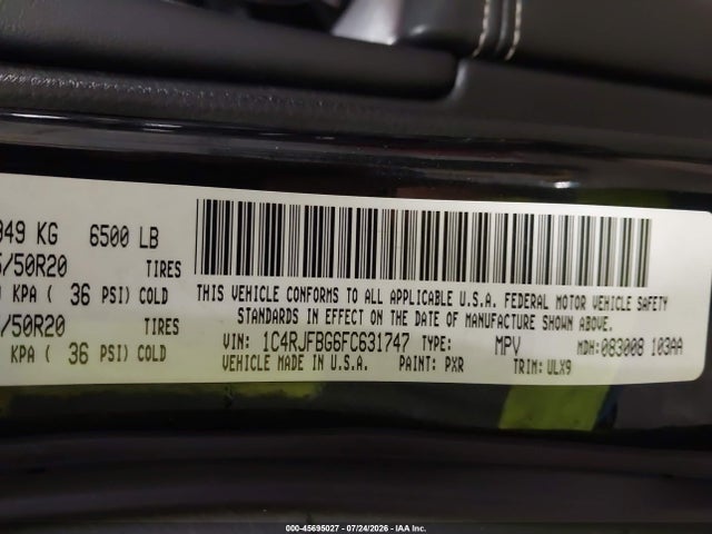2015 Jeep Grand Cherokee Limited მანქანა იყიდება აუქციონზე, vin: 1C4RJFBG6FC631747, აუქციონის ნომერი: 45695027