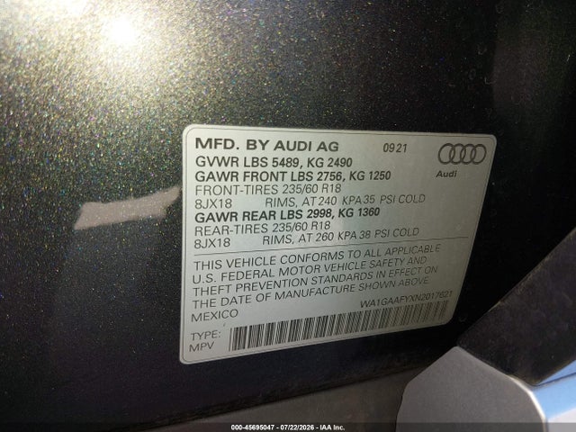 45695047 :رقم المزاد ، WA1GAAFYXN2017621 vin ، 2022 Audi Q5 Premium 45 Tfsi S Line Quattro S Tronic مزاد بيع