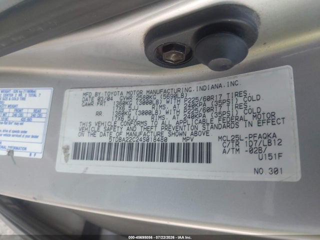 2004 Toyota Sienna Xle Limited მანქანა იყიდება აუქციონზე, vin: 5TDBA22C24S018480, აუქციონის ნომერი: 45695056