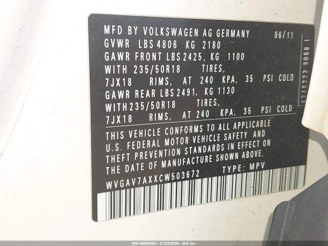 Продаж на аукціоні авто 2012 Volkswagen Tiguan Se, vin: WVGAV7AXXCW503672, номер лоту: 45695063