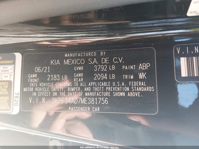 45695070 :رقم المزاد ، 3KPF34AD7ME381756 vin ، 2021 Kia Forte Gt-line مزاد بيع