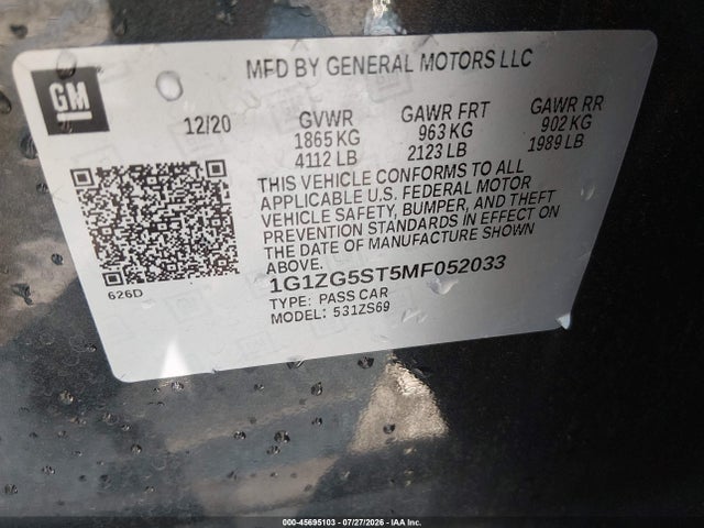Продажа на аукционе авто 2021 Chevrolet Malibu Fwd Rs, vin: 1G1ZG5ST5MF052033, номер лота: 45695103