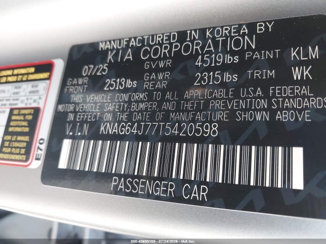 2026 Kia K5 Gt-line Awd მანქანა იყიდება აუქციონზე, vin: KNAG64J77T5420598, აუქციონის ნომერი: 45695105