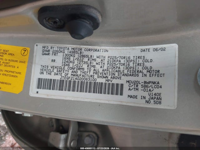 2002 Toyota Highlander Limited V6 მანქანა იყიდება აუქციონზე, vin: JTEGF21A020063100, აუქციონის ნომერი: 45695113