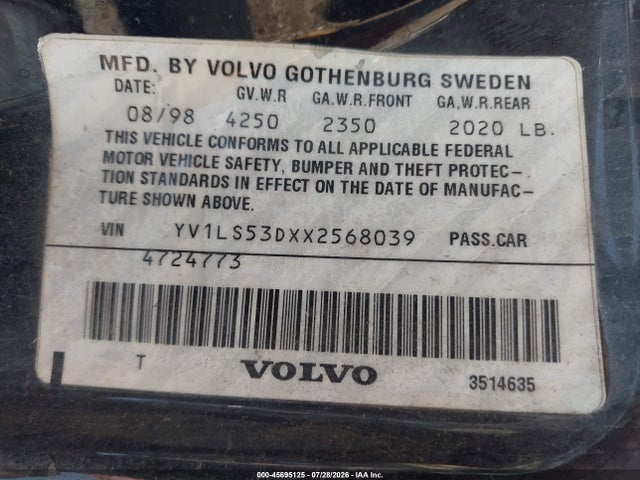 Aukcja sprzedaży 1999 Volvo S70 T5, vin: YV1LS53DXX2568039, numer aukcji: 45695125