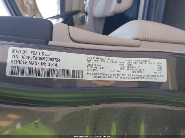 45695134 :رقم المزاد ، 1C4RJFAG5MC793724 vin ، 2021 Jeep Grand Cherokee Laredo E 4x4 مزاد بيع