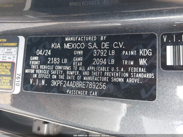45695135 :رقم المزاد ، 3KPF24AD8RE789256 vin ، 2024 Kia Forte Lxs مزاد بيع
