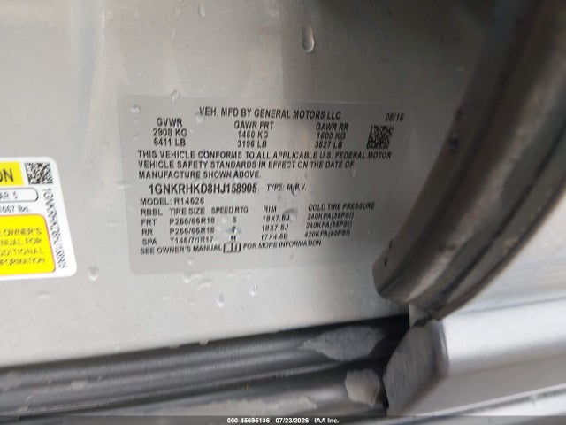 Aukcja sprzedaży 2017 Chevrolet Traverse Lt, vin: 1GNKRHKD8HJ158905, numer aukcji: 45695136