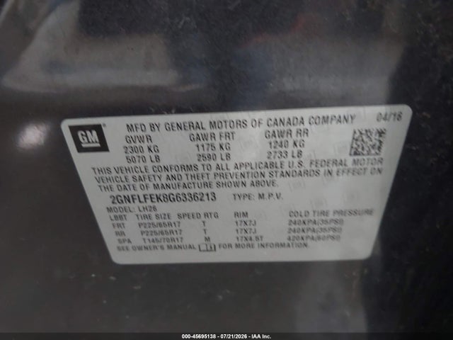 2016 Chevrolet Equinox Lt მანქანა იყიდება აუქციონზე, vin: 2GNFLFEK8G6336213, აუქციონის ნომერი: 45695138