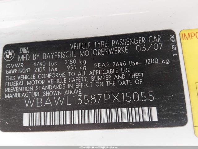 2007 Bmw 328i მანქანა იყიდება აუქციონზე, vin: WBAWL13587PX15055, აუქციონის ნომერი: 45695146