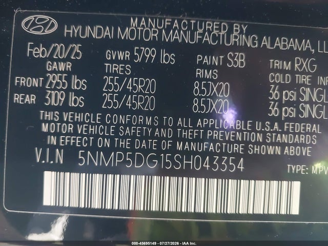 45695149 :رقم المزاد ، 5NMP5DG15SH043354 vin ، 2025 Hyundai Santa Fe Hybrid Calligraphy مزاد بيع