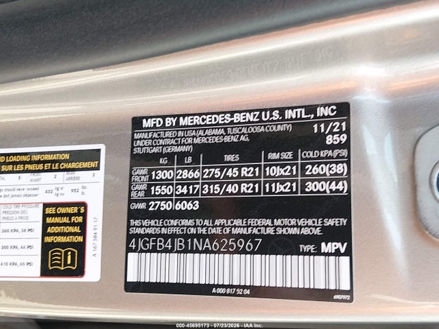 45695173 :رقم المزاد ، 4JGFB4JB1NA625967 vin ، 2022 Mercedes-benz Gle 350 مزاد بيع