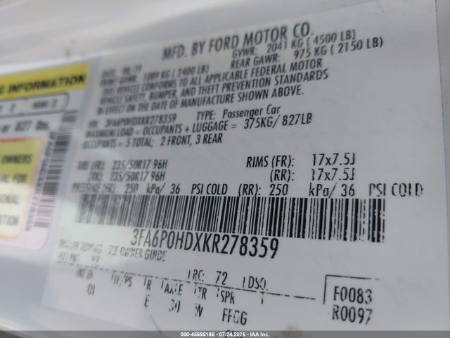Продажа на аукционе авто 2019 Ford Fusion Se, vin: 3FA6P0HDXKR278359, номер лота: 45695186