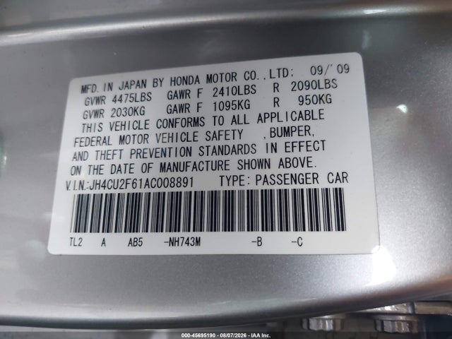 45695190 :رقم المزاد ، JH4CU2F61AC008891 vin ، 2010 Acura Tsx 2.4 مزاد بيع