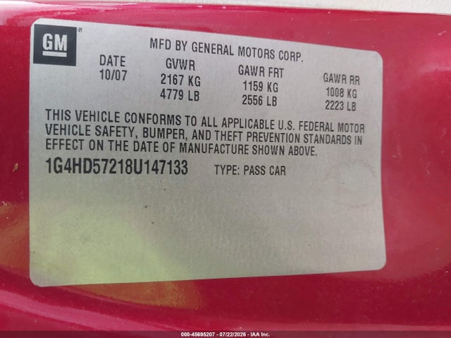 2008 Buick Lucerne Cxl მანქანა იყიდება აუქციონზე, vin: 1G4HD57218U147133, აუქციონის ნომერი: 45695207
