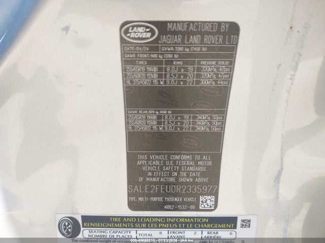 Aukcja sprzedaży 2024 Land Rover Defender 130 P400 X-dynamic Se, vin: SALE2FEU0R2335977, numer aukcji: 45695215