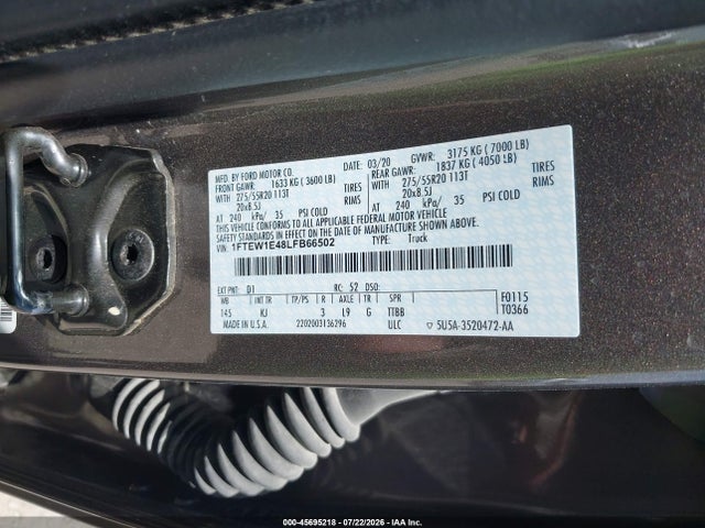 2020 Ford F-150 King Ranch მანქანა იყიდება აუქციონზე, vin: 1FTEW1E48LFB66502, აუქციონის ნომერი: 45695218