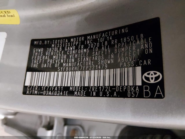 2015 Toyota Corolla L მანქანა იყიდება აუქციონზე, vin: 5YFBURHE7FP221479, აუქციონის ნომერი: 45695236