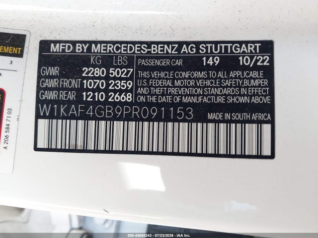 45695243 :رقم المزاد ، W1KAF4GB9PR091153 vin ، 2023 Mercedes-benz C 300 Sedan مزاد بيع