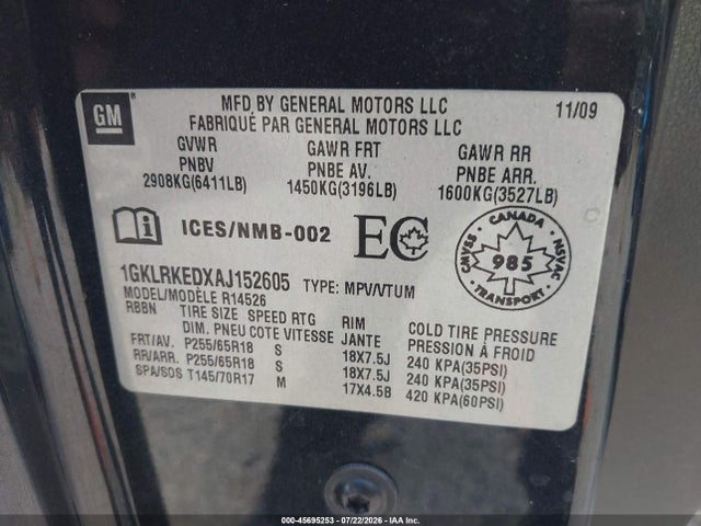 Aukcja sprzedaży 2010 Gmc Acadia Sl, vin: 1GKLRKEDXAJ152605, numer aukcji: 45695253