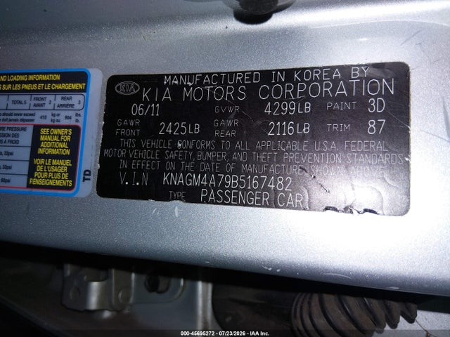 Продажа на аукционе авто 2011 Kia Optima Lx, vin: KNAGM4A79B5167482, номер лота: 45695272