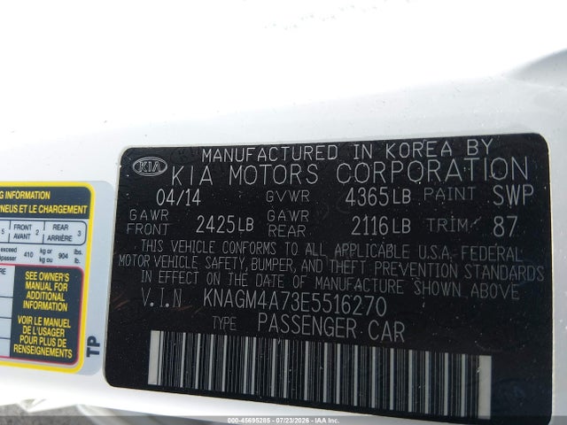 KNAGM4A73E5516270 KIA Optima Lx