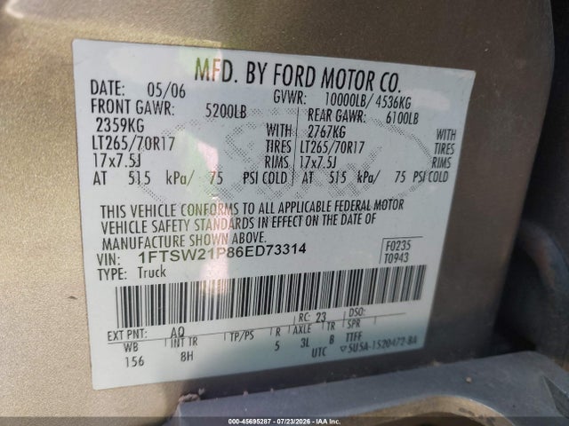 Продажа на аукционе авто 2006 Ford F-250 Lariat/xl/xlt, vin: 1FTSW21P86ED73314, номер лота: 45695287