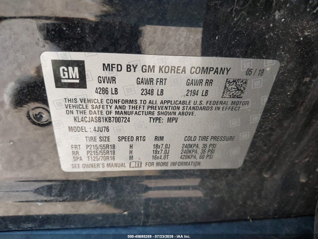 45695289 :رقم المزاد ، KL4CJASB1KB700724 vin ، 2019 Buick Encore Fwd Preferred مزاد بيع