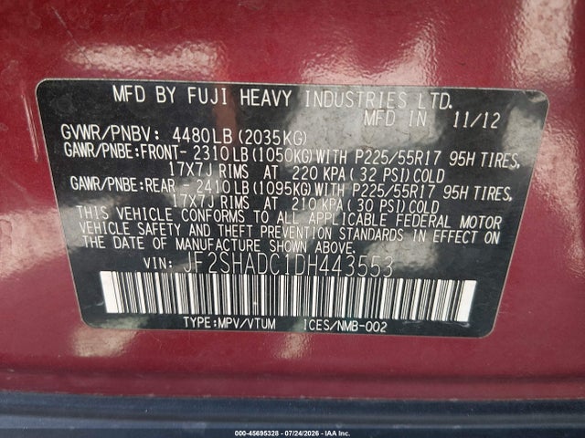 45695328 :رقم المزاد ، JF2SHADC1DH443553 vin ، 2013 Subaru Forester 2.5x Premium مزاد بيع