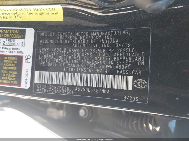 4T4BF1FK5FR496714 Toyota CAMRY LE