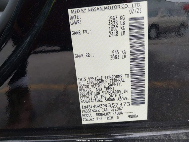2023 Nissan Altima Sv Fwd მანქანა იყიდება აუქციონზე, vin: 1N4BL4DV2PN357373, აუქციონის ნომერი: 45695342