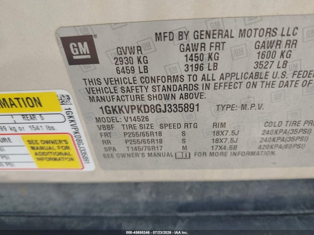45695346 :رقم المزاد ، 1GKKVPKD8GJ335891 vin ، 2016 Gmc Acadia Sle-2 مزاد بيع
