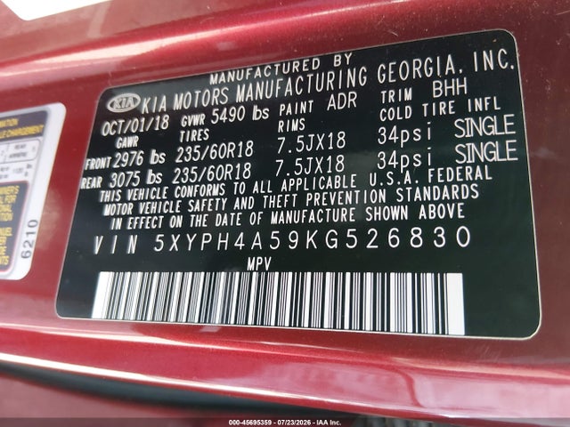 Продажа на аукционе авто 2019 Kia Sorento 3.3l Ex, vin: 5XYPH4A59KG526830, номер лота: 45695359