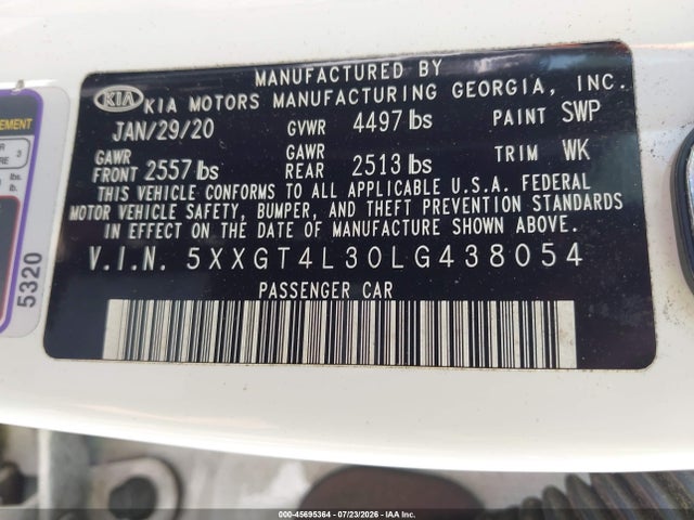 Aukcja sprzedaży 2020 Kia Optima S, vin: 5XXGT4L30LG438054, numer aukcji: 45695364